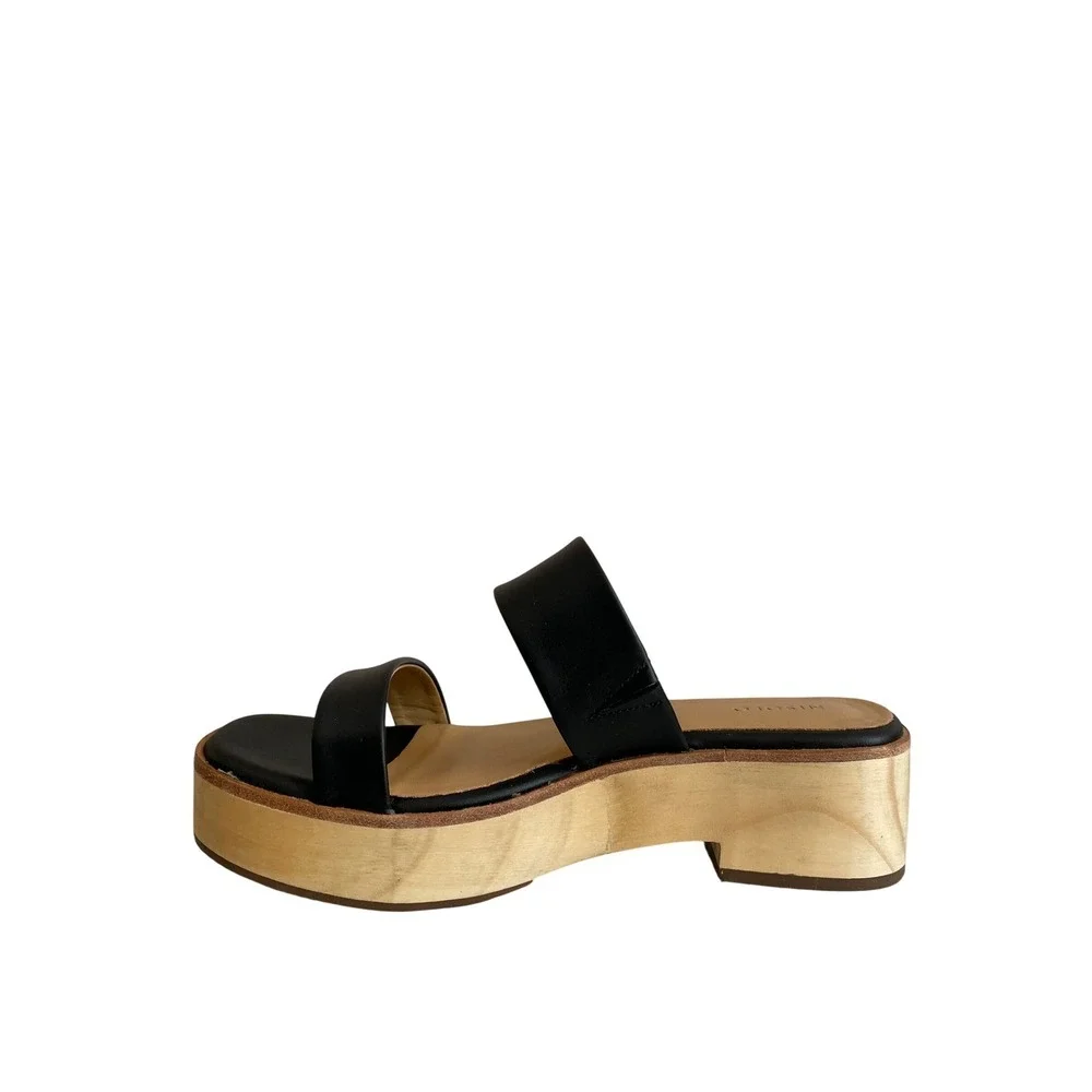 Nisolo NEW Double Strap Wood Bottom Heels Sandal Black Leather Slide Women‎ 7.5